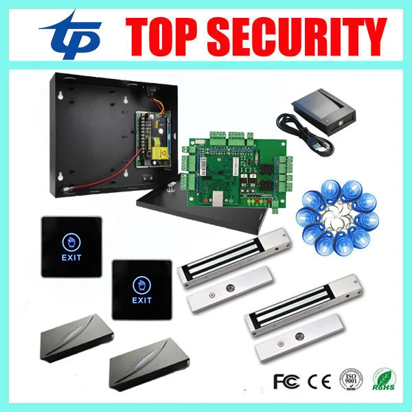 Two door access control panel TCP/IP two doors access control system+power supply box+EM lock+card reader+exit button+RFID card access control systems proximity card waterproof standalone access control power supply magnetic lock exit button 10pcs rfid key