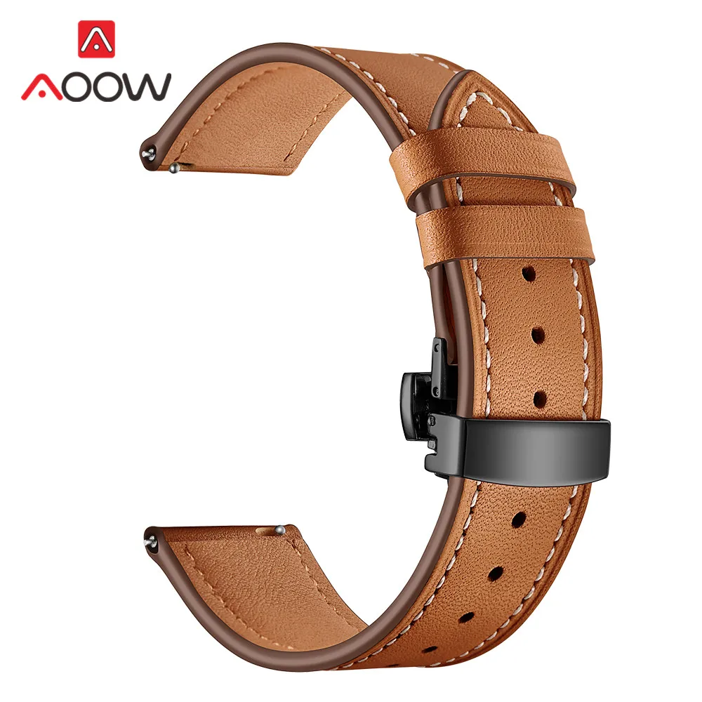 Brown black 20 мм 22 мм ремешок из натуральной кожи для samsung Galaxy Watch Active 42 мм 46 мм Бабочка Пряжка браслет ремешок аксессуары - Цвет ремешка: Brown black