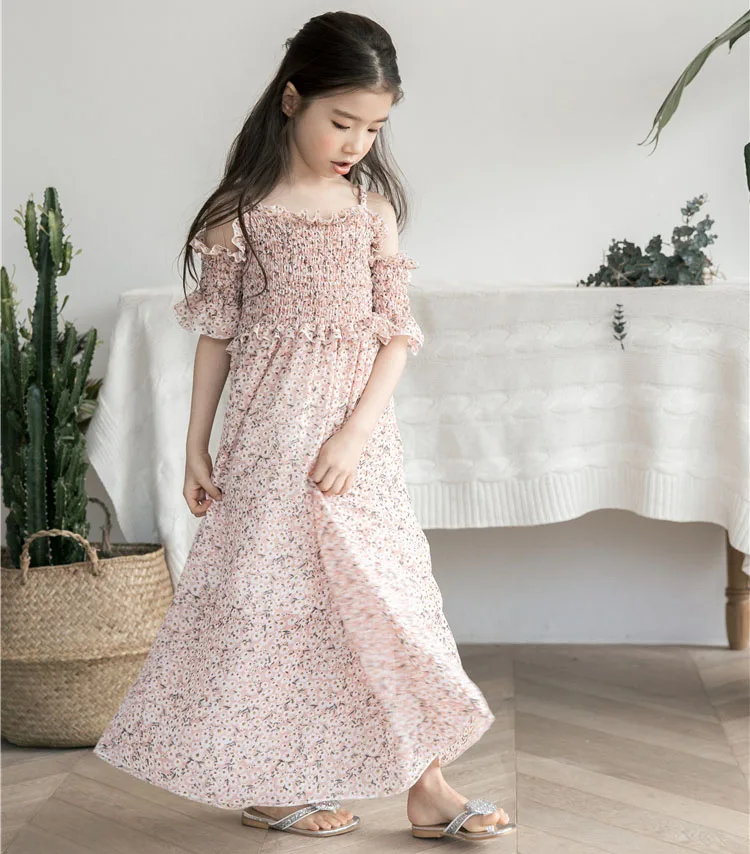 floral maxi long dress girl a line dress mother daughter clothes big girls dresses summer 2018 pink green beach holiday baby girls with sleeve teeange girls clothing (8)