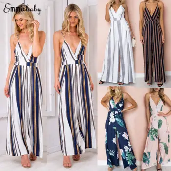 

Women V Neck Jumpsuit Sleeveless Playsuit Party Wide Leg Long Trousers Romper