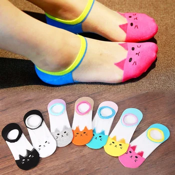 

Sale Cute cat harajuku transparent socks women summer girl animal ankle sock