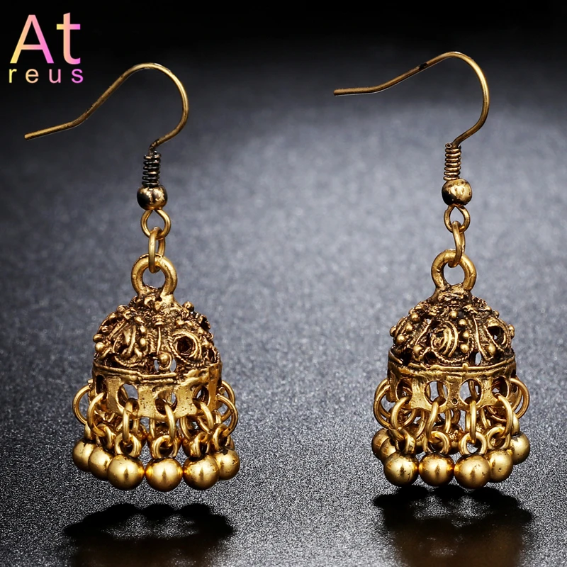 

Retro Vintage Indian Earring Jewelry Women Wedding Bijoux Antique Gold Color Hollow Drop Bell Earrings Egypt