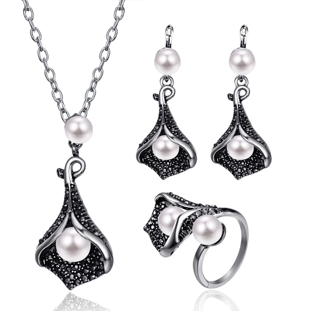 

Luxury Brand Irregular Water Drop Pendant Women Retro Jewelry Sets Fashion Pearl Black Crystal Flower Vintage Jewelry Sets 20%