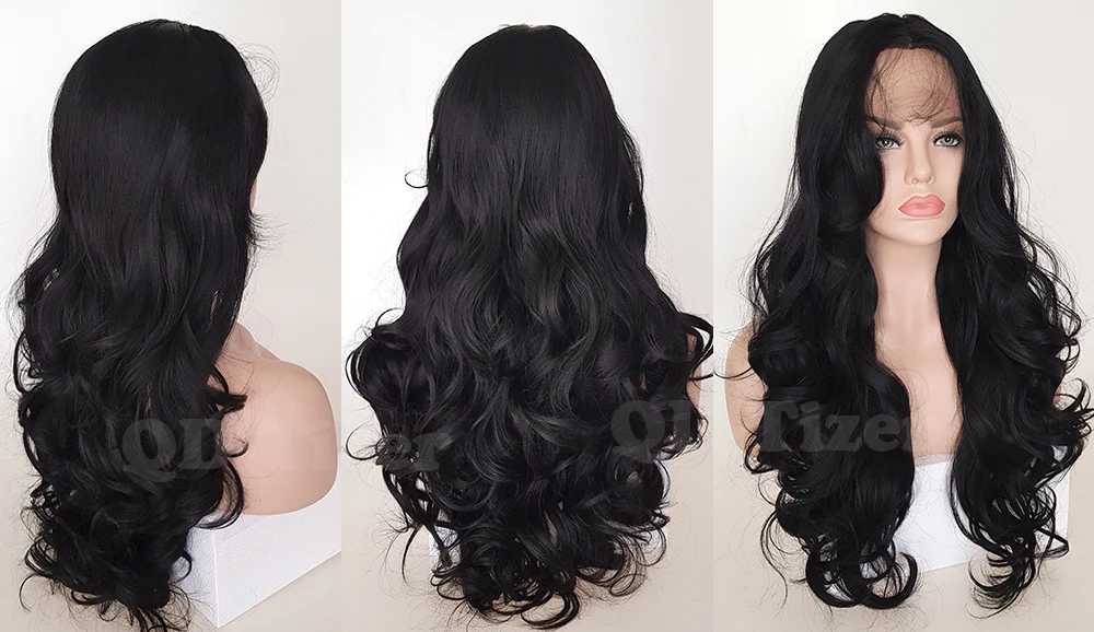 QD-Tizer Long Black Body Wave Hair Lace Front Wig with Bangs Free Part Glueless Heat Resistant Synthetic Lace Front Wigs6