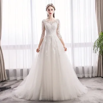 

Holievery Scoop Neck Lace Appliques A Line Boho Wedding Dresses with Half Sleeves 2019 Sweep Train Bride Dress Detalles Boda