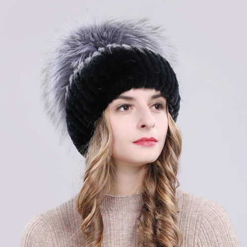 Outdoor Women Warm Soft Genuine Rex Rabbit Fur Hat Knitted Natural Real Sliver Fox Fur Caps Winter Real Rabbit Fur Beanies Hats - Цвет: color 7