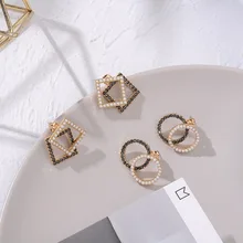 Корейский дизайн, двойные металлические черные золотые геометрические круглые квадратные серьги-гвоздики с искусственным жемчугом и кристаллами для женщин, подарок для девушек