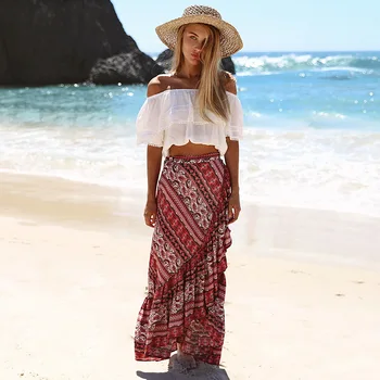 

2020 hot style Bohemian long maxi skirts printing chic boho split skirts ruffles beach style dropped skirt maxi holiday skirts