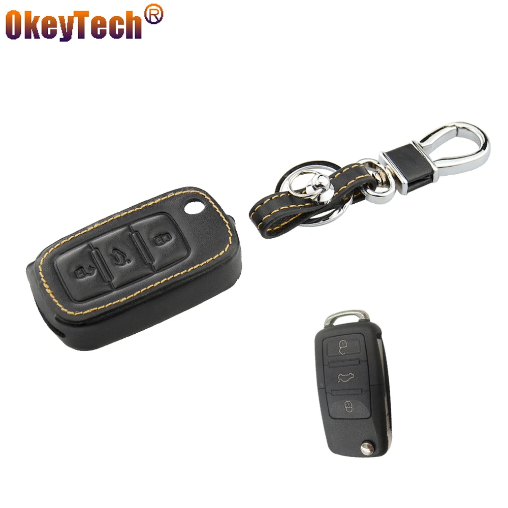 

OkeyTech High Quality Leather Car Flip Key Cover Case For VW Volkswagen Jetta Golf 4 5 6 Polo Bora Controller Bag Fob Case Shell
