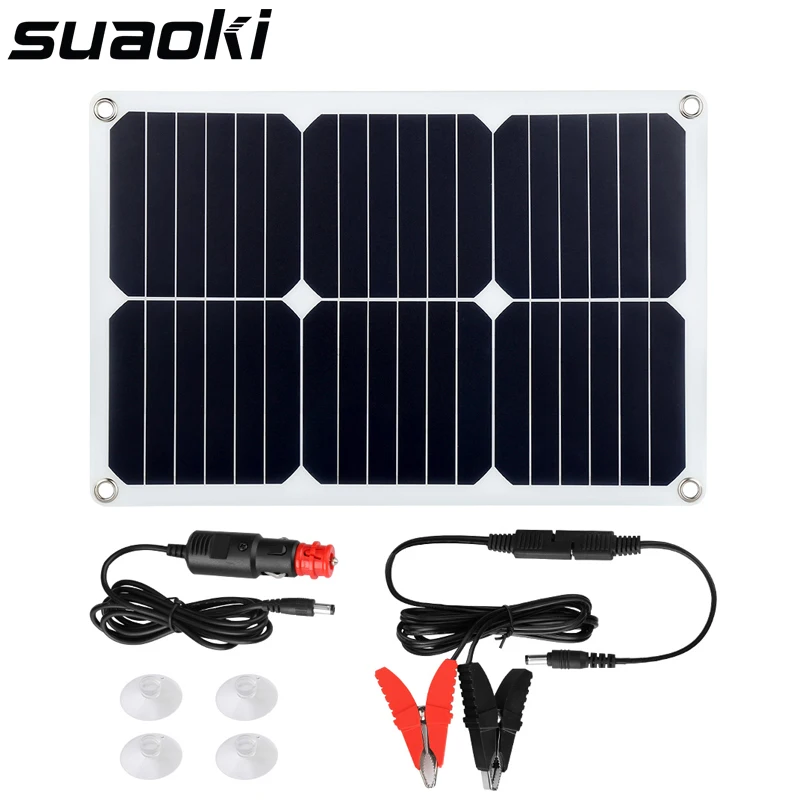 

Suaoki 18W 18V Solar Panel Car Battery Charger with Cigarette Lighter Plug, Battery Charging Clip Line, Suction Cups