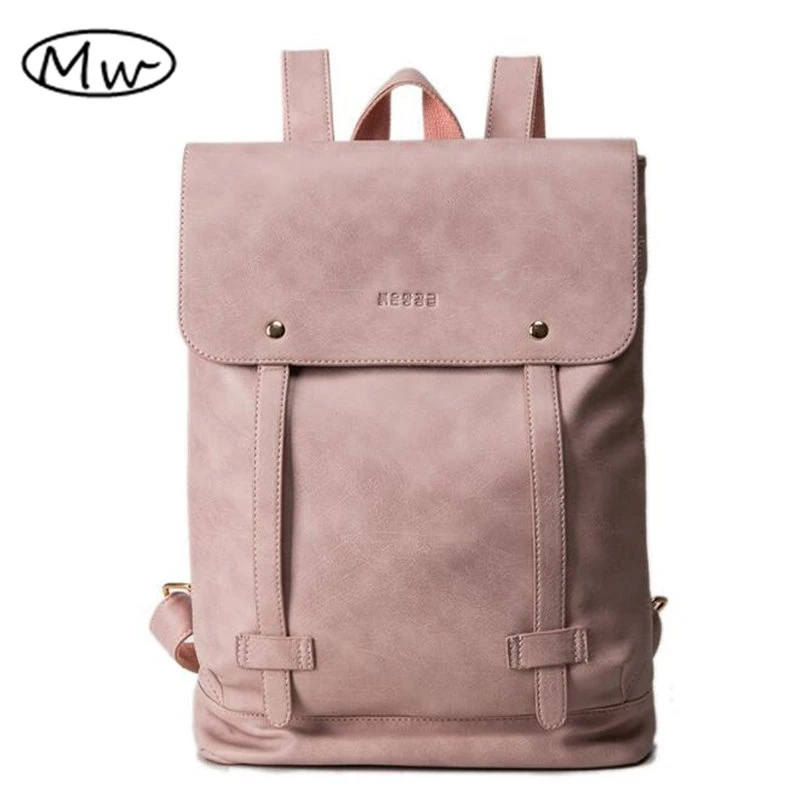 Simple fashion soft PU women leather backpack school bags for teenager girls double belt students laptop