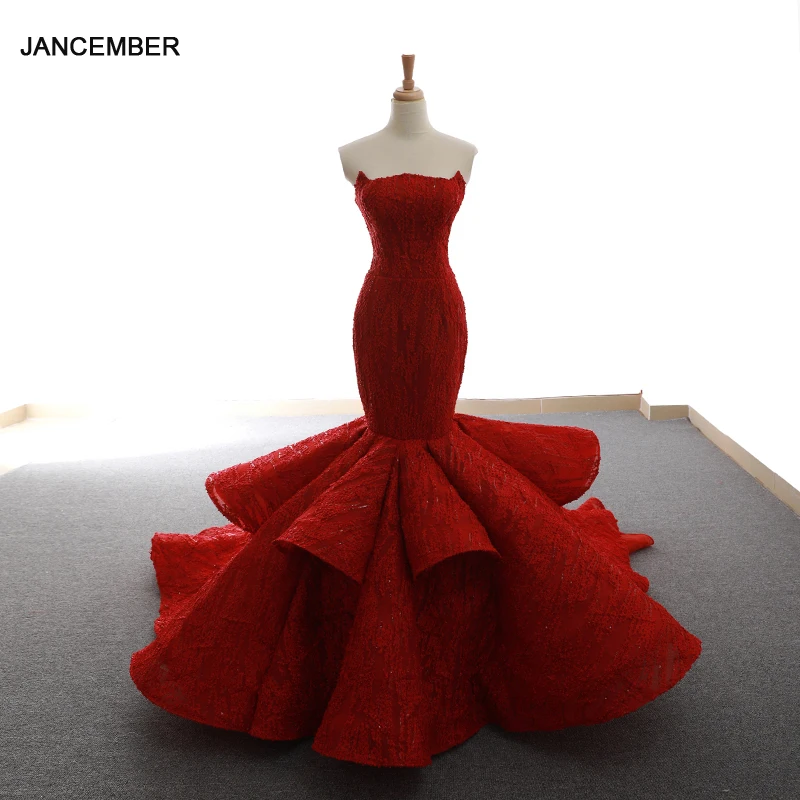 

J66614 jancember red mermaid evening dress 2019 strapless lace up back floor length with train evening gowns abiye gece elbisesi