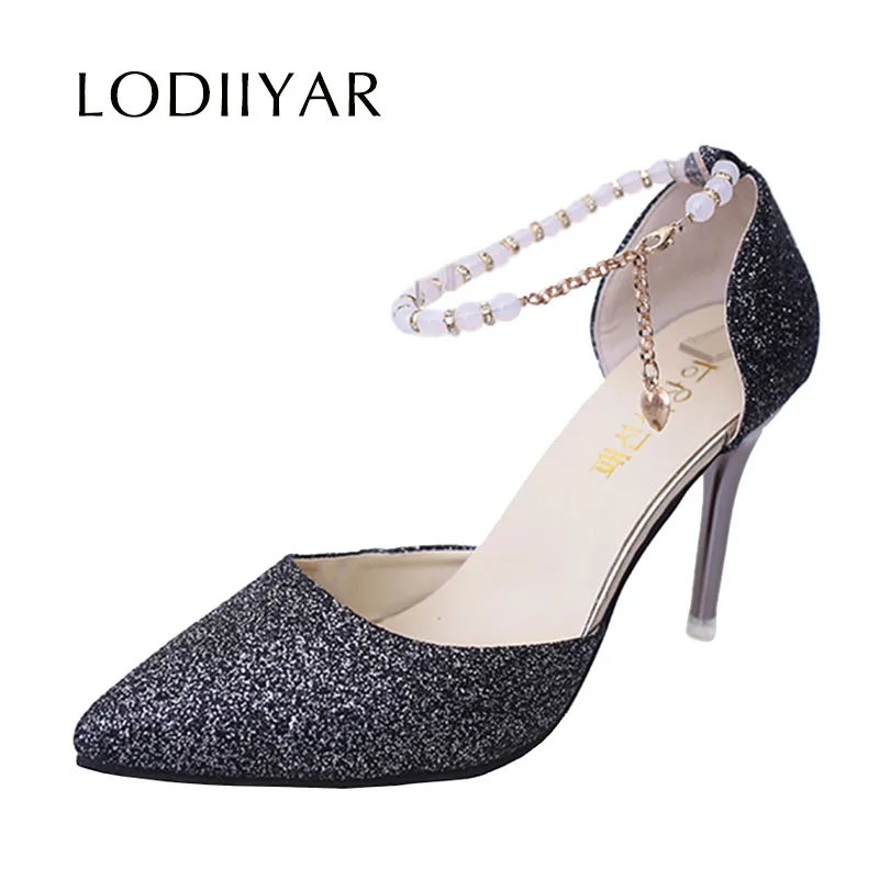 

Lady Pumps High Heels Women Shoes Ankle Strap Glitter Bead String Party Wedding Shoes Pointed Toe Fashion Gold Sliver Plus Size