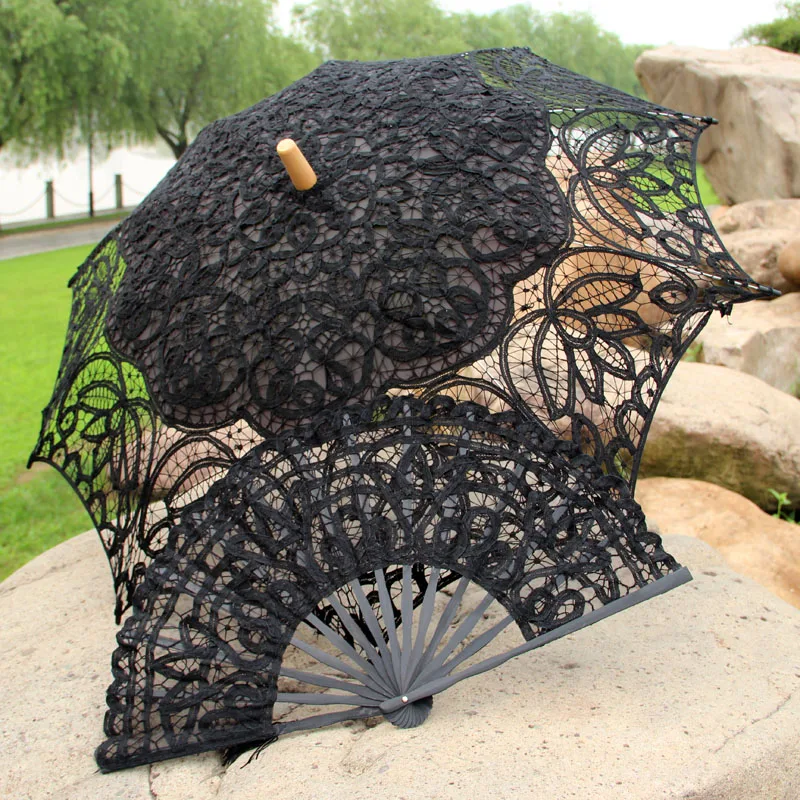 Theatre Performances Princess Dancing Cotton Lace Parasol and Fan Beach Wedding Party Decorated Flower Umbrella