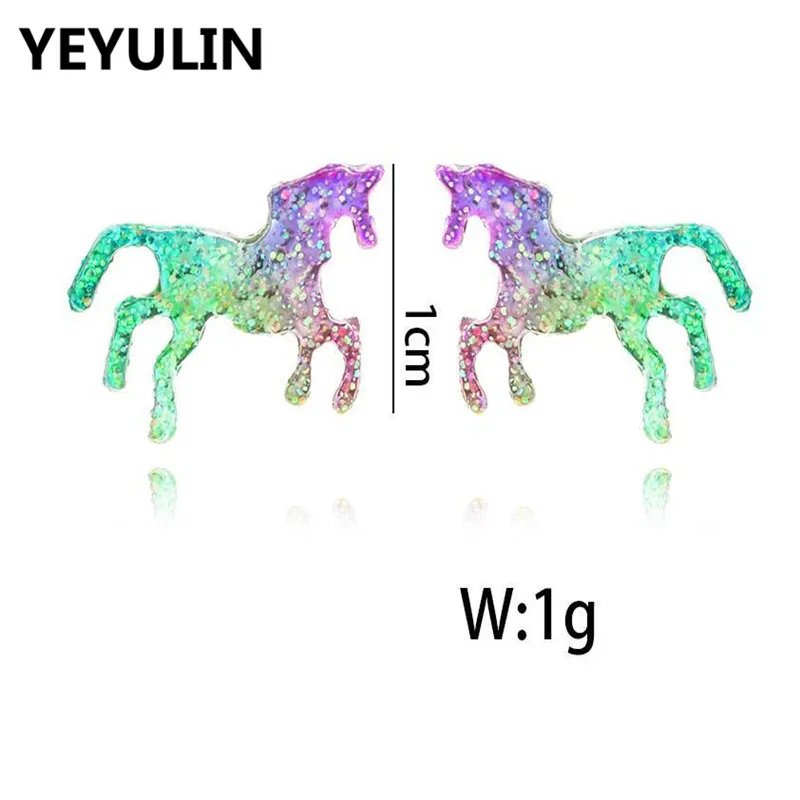 Модные животные цветной глиттер единорог лошадь серьги гвоздики для женщин Мини полимерные серьги ювелирные изделия подарок аксессуары