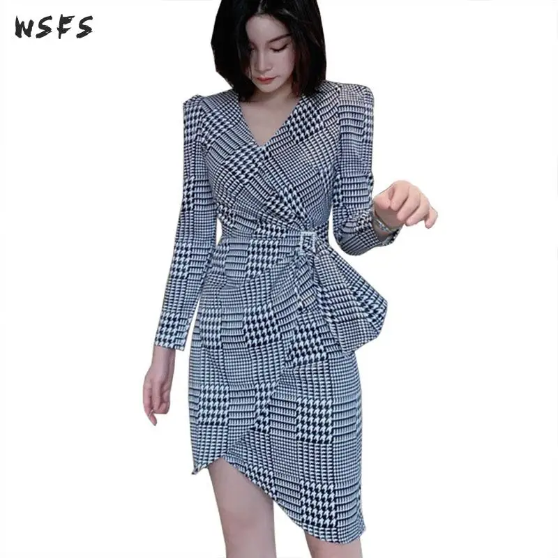 

Spring Asymmetrical Dress Vneck Black White Houndstooth Plaid Women Dresses Office Laides Bodycon Wrap Sexy Party Mini Dress