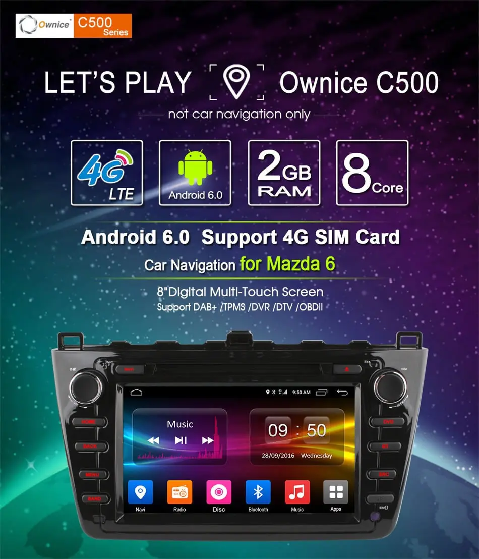 Top Ownice C500 Android 6.0 Octa 8 Core 1024*600 Car DVD GPS Navigation for New Mazda 6 2009 - 2011 2GB RAM 32GB ROM 4G SIM LTE 4