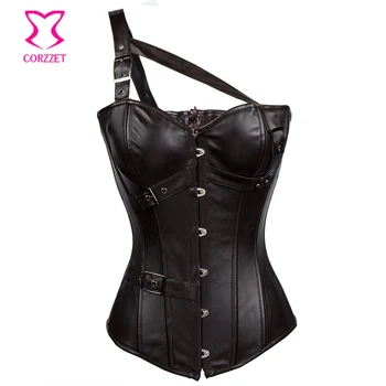 

One Shoulder Brown Leather Corpetes Corseletes Overbust Corset Steampunk Sexy Corsets And Bustiers Gothic Top Korsett For Women