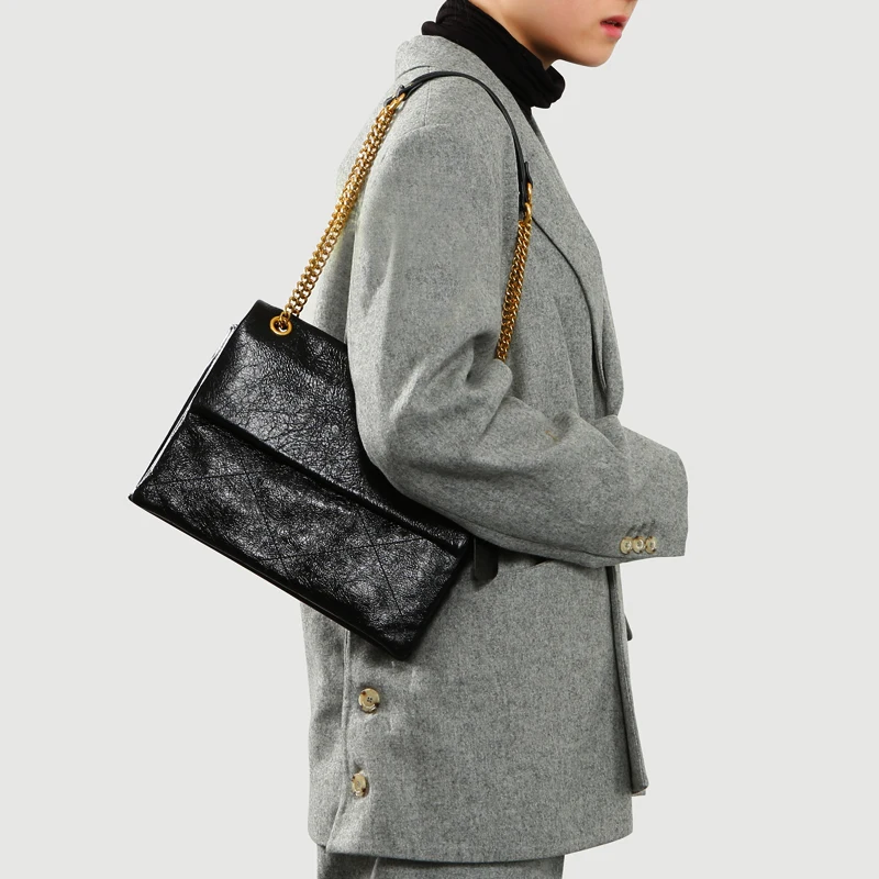 

WOONAM Women Fashion Handbag Genuine Distressed Calf Leather Chain Shoulder Strap Fold Shoulder Bag WB976