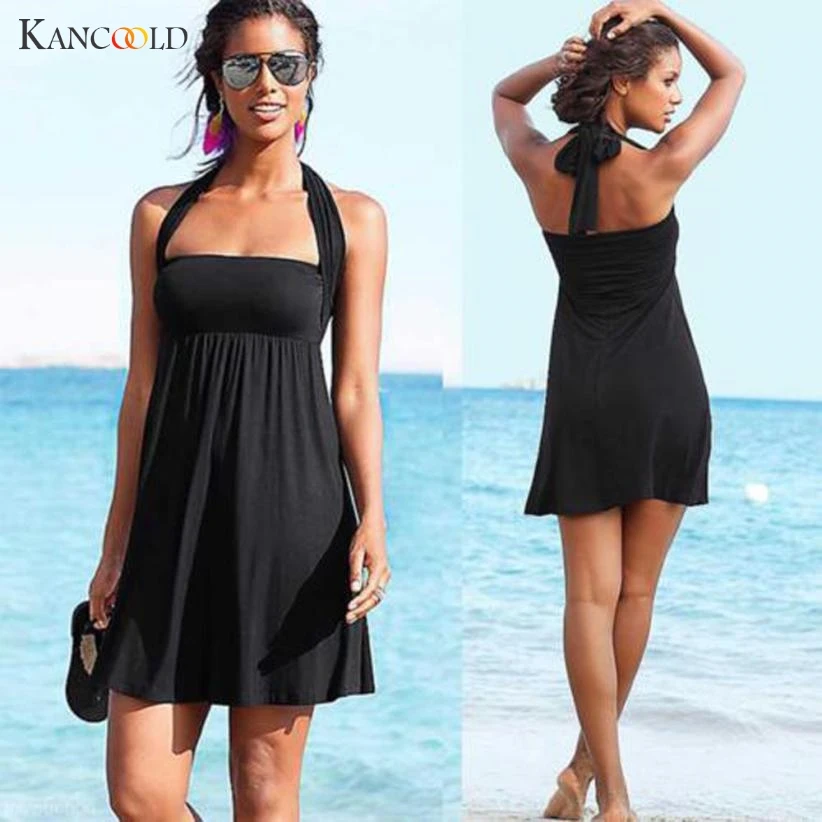 

Halter Stylish Women Fashion Sexy Push-up Wrapped Chest Dress Swimwear Womens Harness Swimsuit Mini Swimdress Solid Ja112