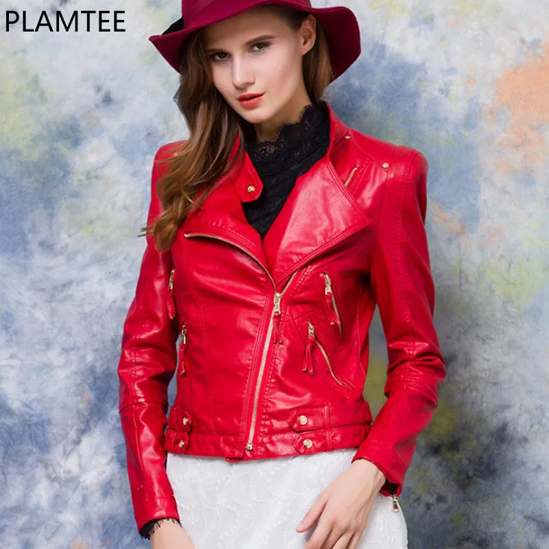 PLAMTEE Office Lady Short Leather Jacket Coat Zippers Long Sleeve