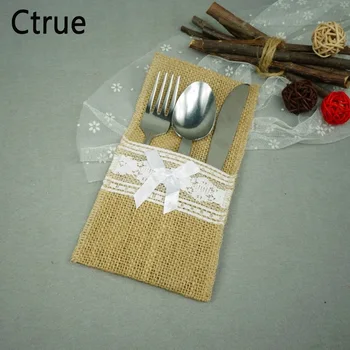 

12pc Packaging Fork Knife Holder Pocket 4x8 inch Vintage Jute Burlap Lace Chic Tableware Pouch for Wedding Party Decoration