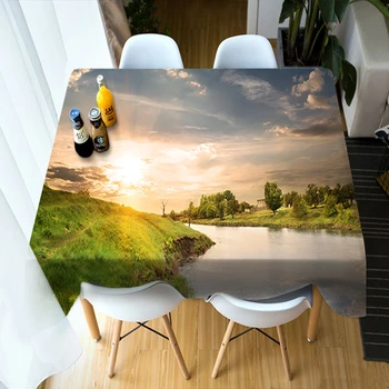 

3D Round Tablecloth Small Creek Sunset Glow Scenery Pattern Washable Polyester Cotton Rectangular Table Cloth Home textile