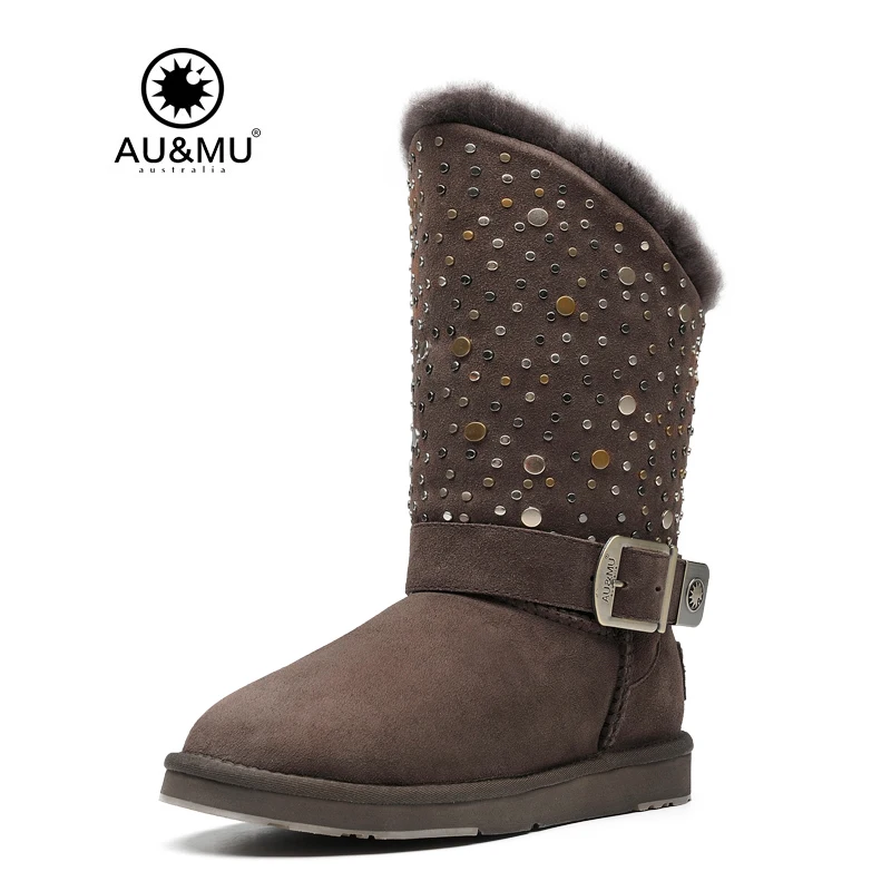 

2017 AUMU Australia Shearling Sparkle Buckle Slip-on Thick Platform Round Toe Rubber Soles Mid-calf Winter Snow Boots UG N371