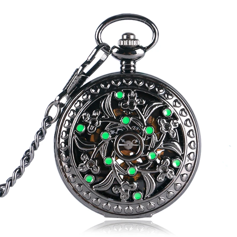 

Flower Green Ornament Pocket Watch Mechanical Hand Winding Chain Men Women Mechanical Pocket Watch Warcraft Clock Pendant