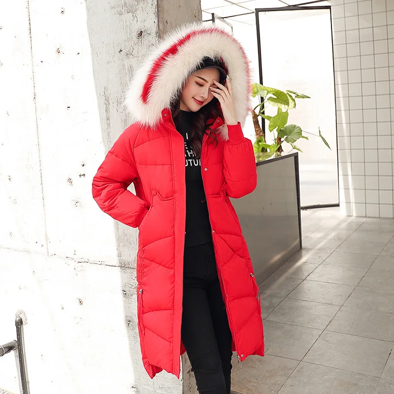 Thick Jacket Big fur collar Women's New Korean Version Big Fur Collar Medium-long Knee Size Thickened Jacket 1961 - Цвет: Красный