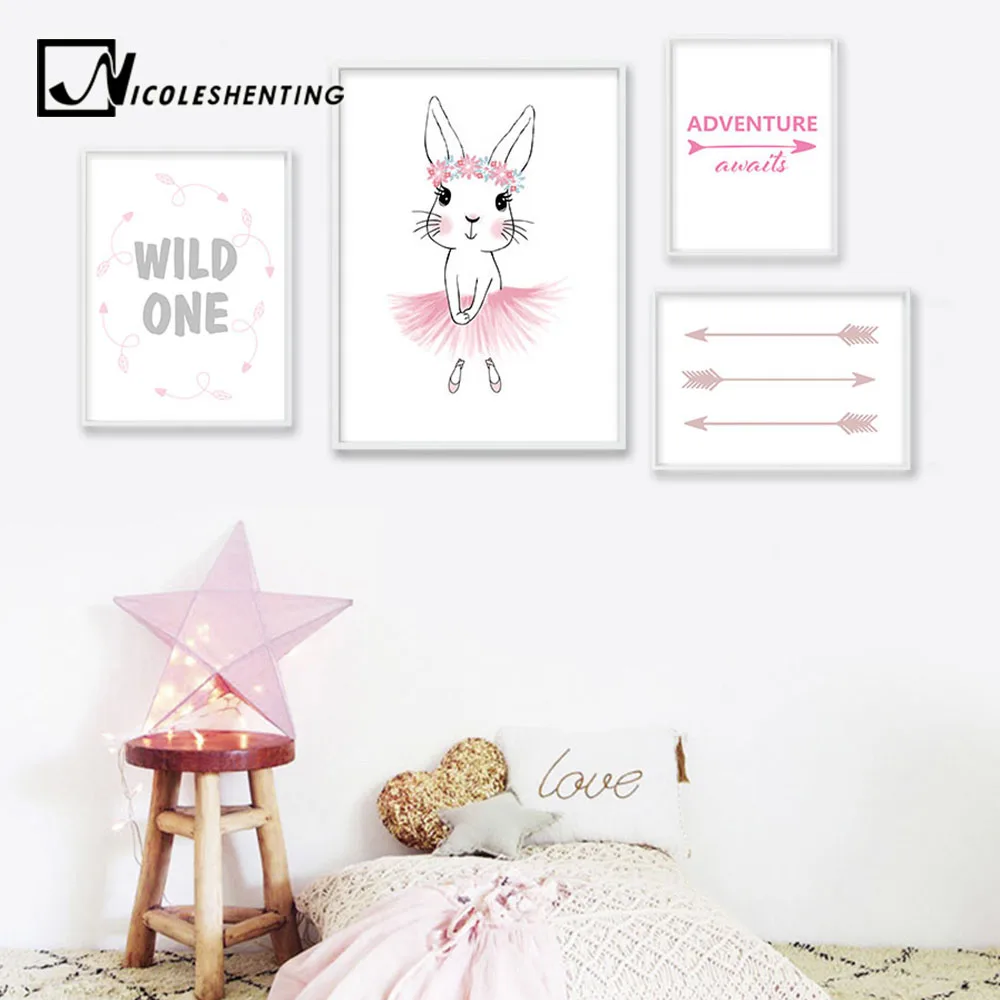 

NICOLESHENTING Cartoon Rabbit Wall Art Canvas Poster Nursery Print Painting Wall Picture for Baby Girl Bedroom Nordic Decoration