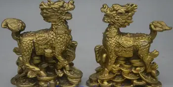 

Chinese Bronze Fengshui Wealth Yuanbao Dragon Kylin Chi-lin Qilin Statue Pair