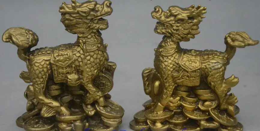 Китайский Бронзовый феншуй богатство Дракон Yuanbao Kylin Чи-lin Qilin Статуя Пара | Дом и