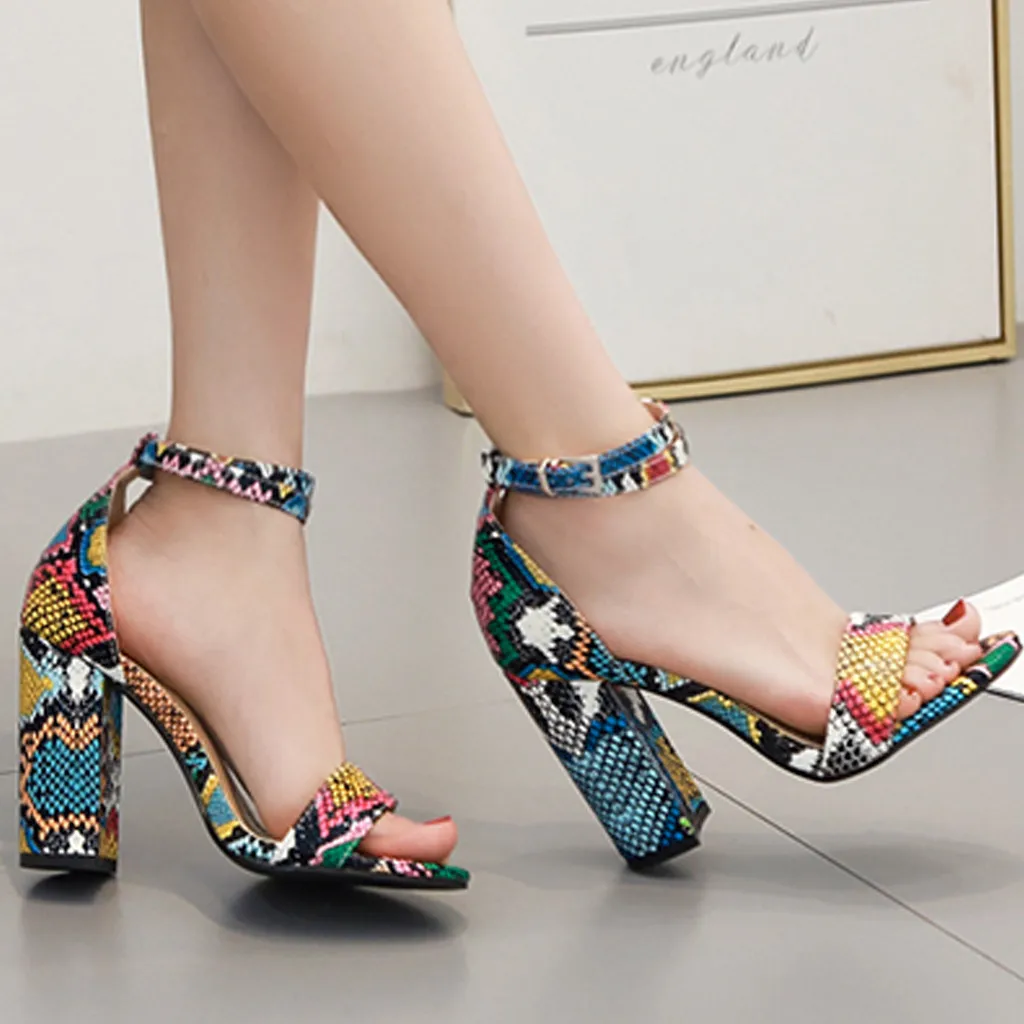 

MUQGEW Fashion Snake Pattern Ladies Sandals fashion mixed colors party wedding Sandal woman shoes buckle strap square heel Sanda