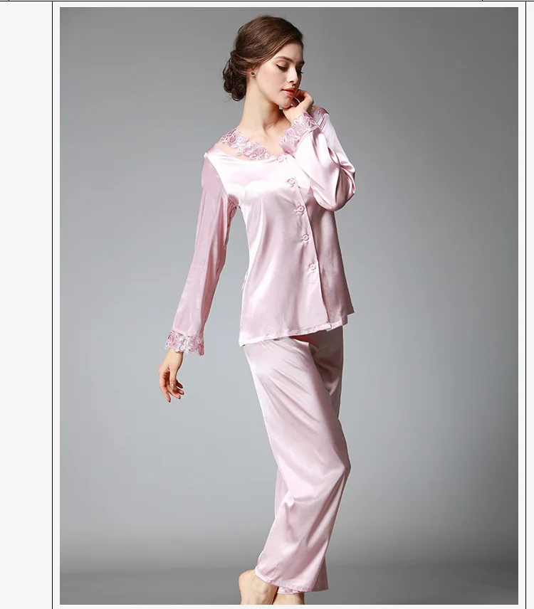 Демисезонный Для женщин Пижамы для девочек 2018 искусственного шелка дамы 2 предмета Кружево шелковистые пижамы Брюки для девочек комплект