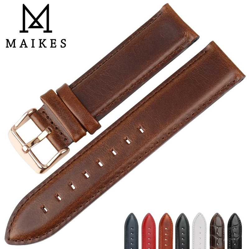 Ремешок MAIKES из натуральной кожи для часов сменный Браслет с серебристой и