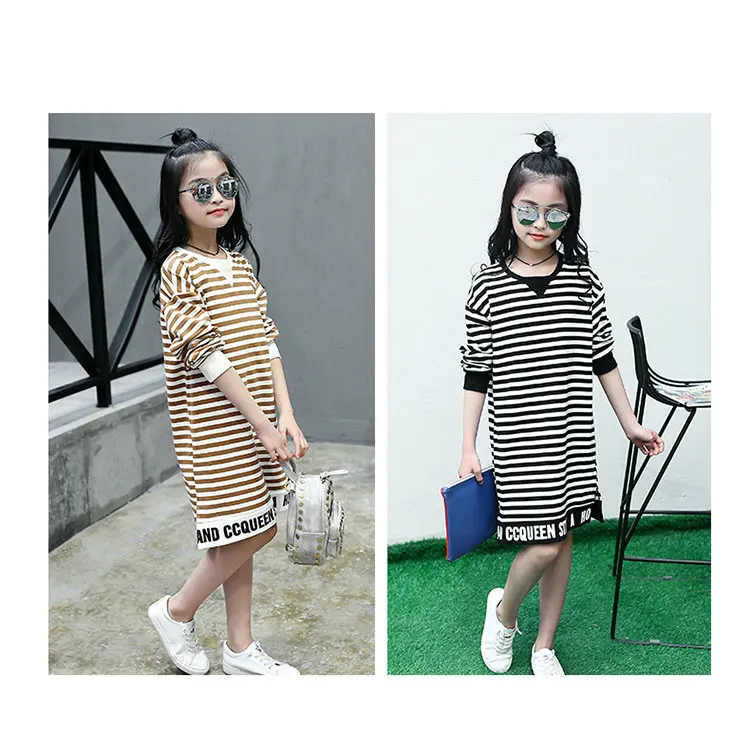 Children's dress Girls Spring and Autumn striped letter in the long casual blouse shirt Middle school student clothes