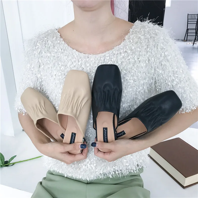 

Women Low Heels Mules Pleated Leather Slippers Autumn Square Toe Slides Slip on Shoes Comfortable Sandalias Mujer Black Apricot