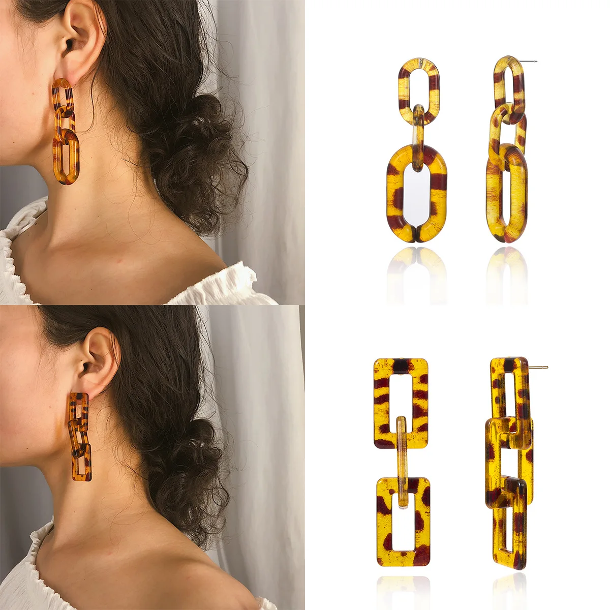 

KingDeng Long Earrings Leopard Chain Women Simple Square Ellipse Acrylic Vintage Personality Punk Fashion Jewelry Temperament