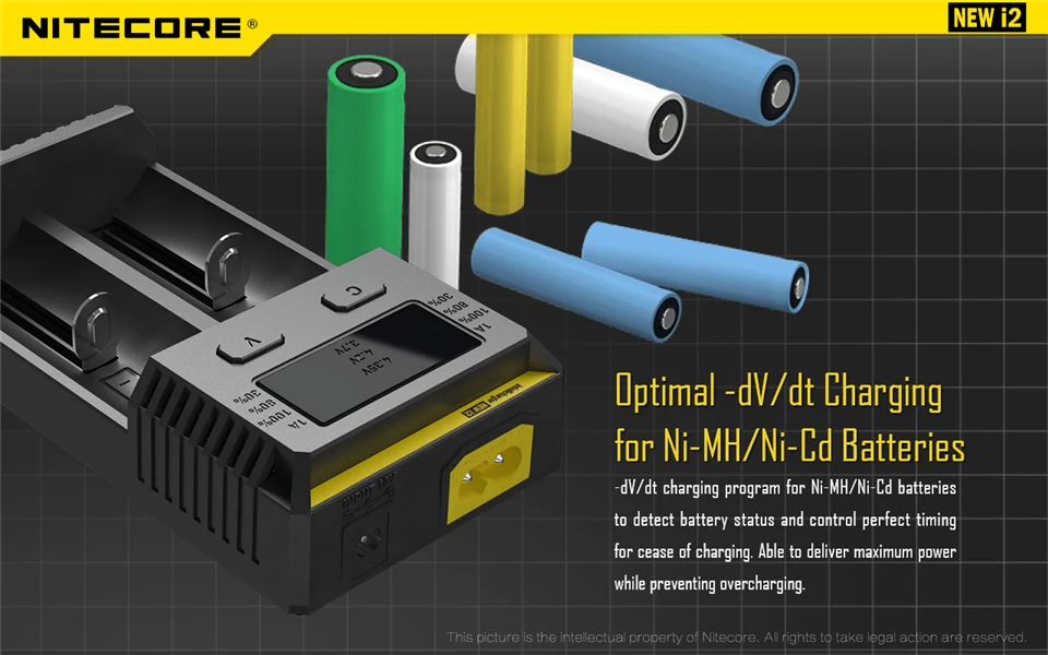 Топ Nitecore i2 intelli-зарядное устройство Универсальное зарядное устройство для AA AAA Li-Ion 26650 18650 14500 батареи зарядка+ Автомобильный Кабель