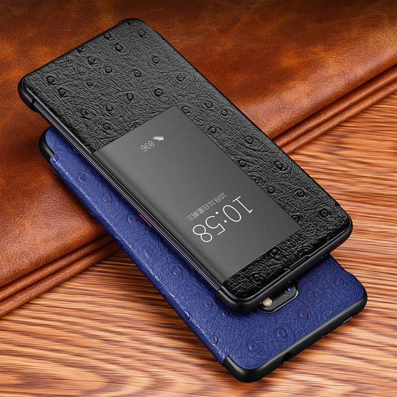 

Luxury Ostrich Skin Pattern Real Leather Case For Huawei P20 P30 Pro Mate 20 Mate20 RS Mate 10 Smart Wake Up Retro Flip Cover