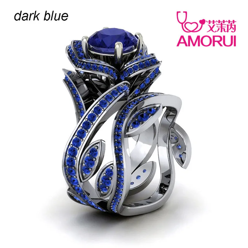 AMORUI New Fashion Silver Color Big Rose Flower Ring For Woman 12 Colors CZ Stone Wedding Rings Jewelry Gifts Dropshipping