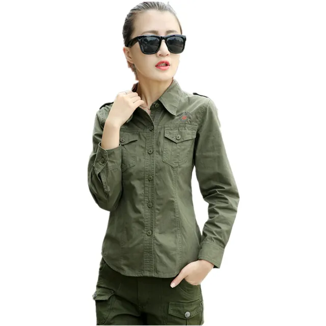 Military Uniform Army Green Shirt Female Cotton Long Sleeve Slim