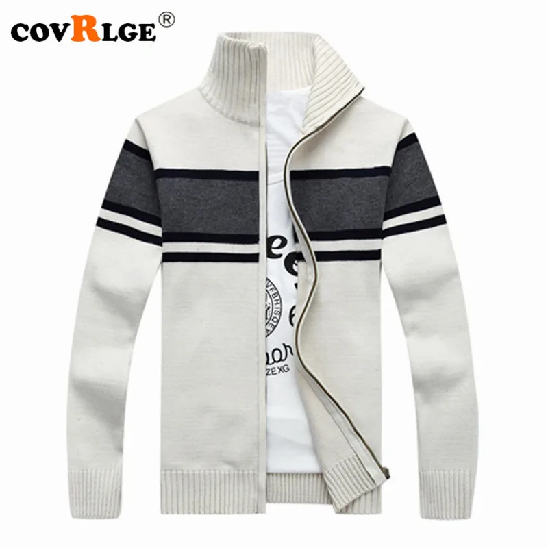 

Covrlge Autumn Winter Men Stripe Sweater New Thick Mens Cardigan Sweater Male Turtleneck Zipper Sweaters Knit Jacket MZM021