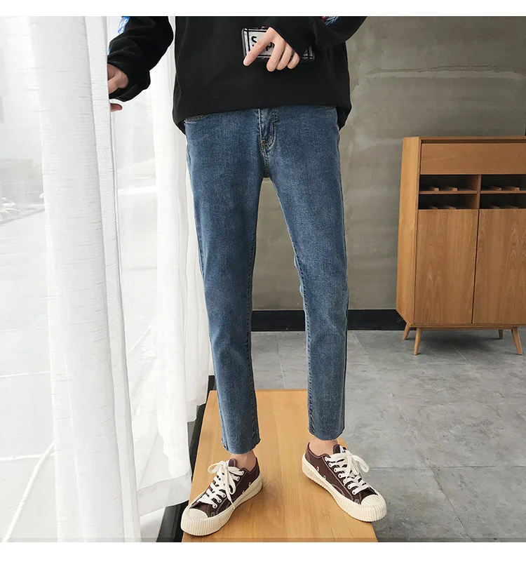 2018 японский стиль для мужчин весна сплошной цвет стрейч Slim Fit классический обтягивающие джинсы Синий повседневные штаны байкерские Джинс