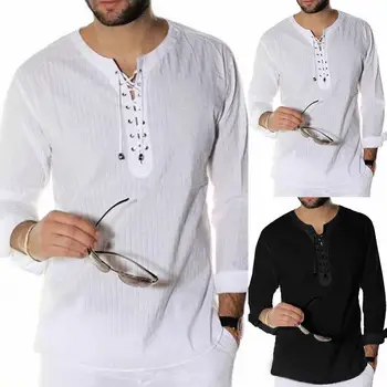

2019 Casual Men Solid Color Lace Up Ribbed Long Sleeve Tunic Shirt Linen Blouse Top
