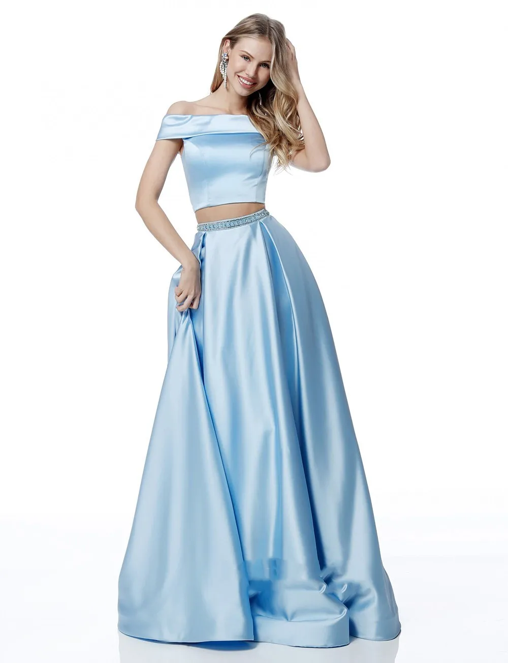 

robe de soriee 2020 Beautiful Long Sky BlueTwo Piece Prom Ball Dress Women Bead Satin Formal Evening Party Gown