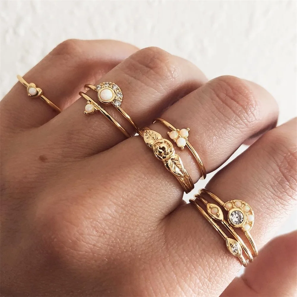 

8 Pcs/set Women Simple Heart Crystal Flower Eyes Leaf Jewels Gold Silver Ring Set Bohemian Charm Jewelry Accessories