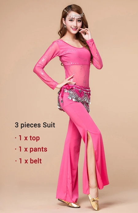 Размера плюс M-XL набор костюма для танца живота топ, брюки, хип шарф женщины практика танца живота одежда профессиональная - Цвет: Fuchsia 3pcs suit