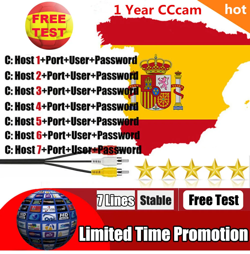 

Special for Spain Europe HD 1 Year CCCam Spain Portugal Germany Poland Satellite tv Receiver 7 Clines For DVB-S2 v7s V8 SUPE